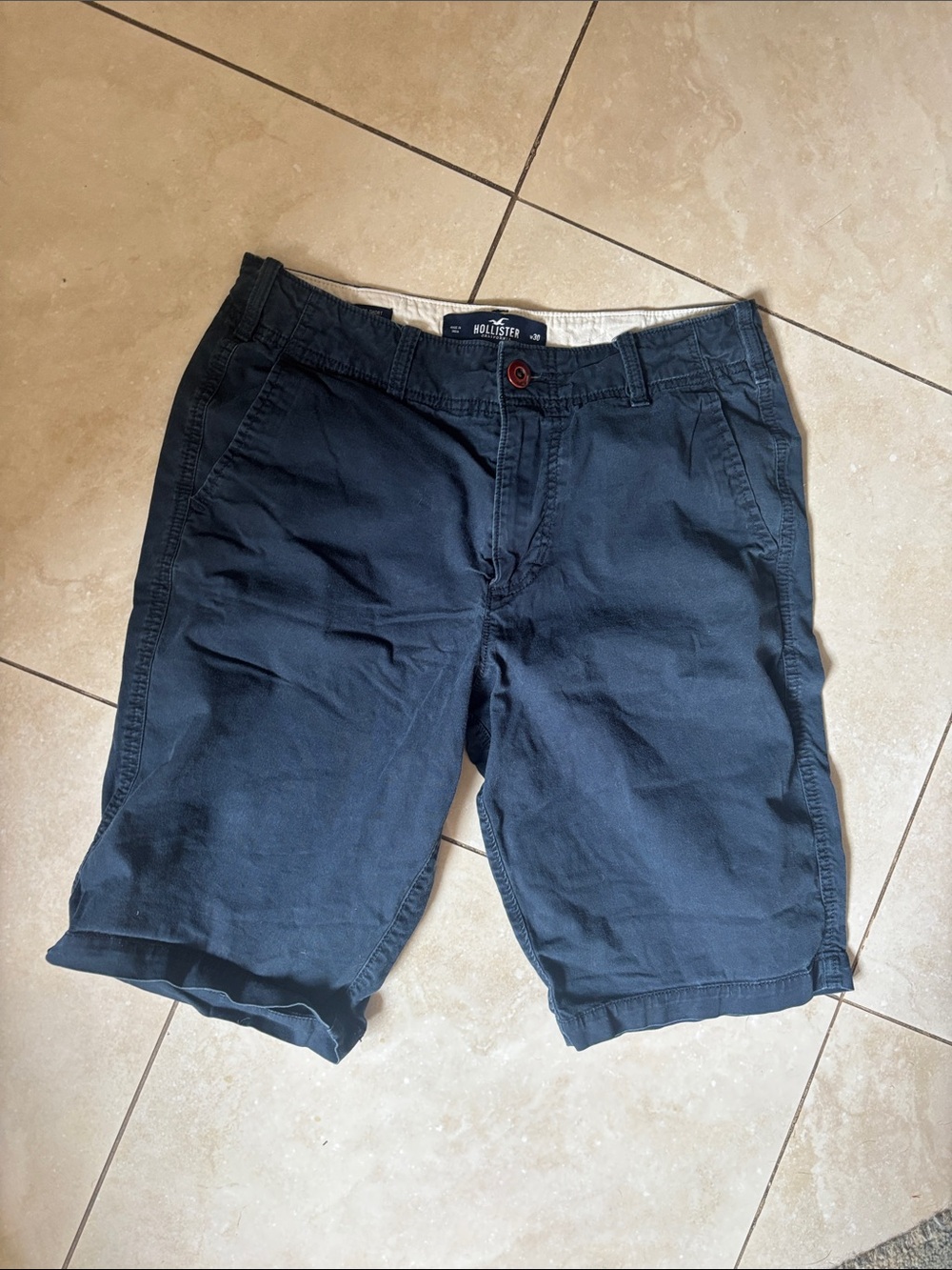Hollister Men's Dark Navy Flat Front Cotton Shorts
